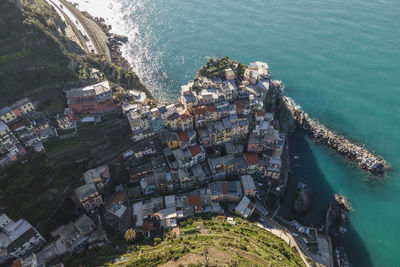 Aerial view of manarola, a beautiful travel destination along the coast of cinque terre, liguria