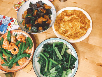 High angle view of meal served on table