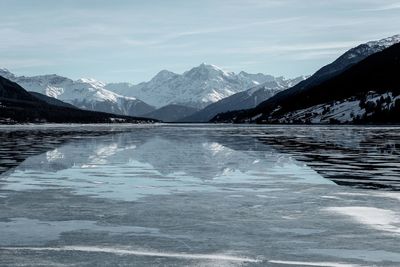 Scenic view of snowcapped mountains against sky during winter