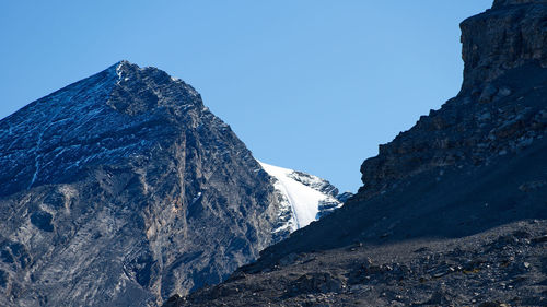 Scenic view of snowcapped mountains against clear blue sky