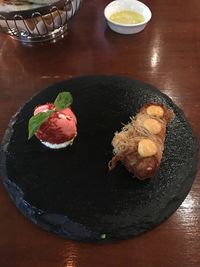 High angle view of dessert in plate on table