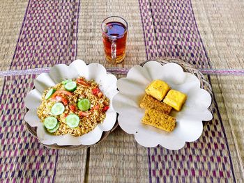 High angle view of breakfast on table