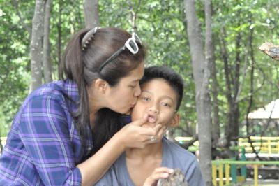Mother and daughter in park