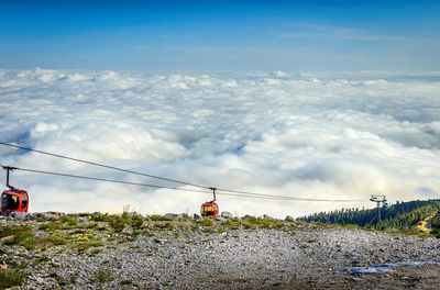 Overhead cable car on road against sky