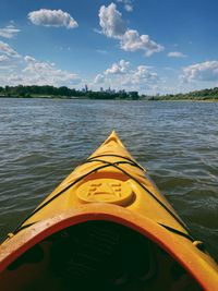 Vistula river from a kayak with warsaw in the backgroun
