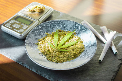 High angle view of food on table