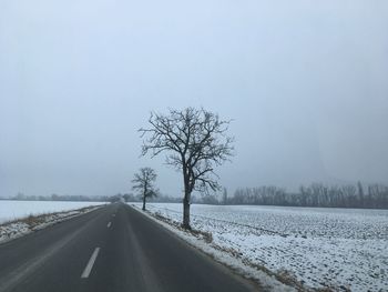 Road by bare trees against clear sky during winter