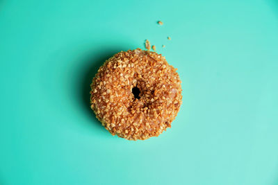 Directly above view of bread against blue background