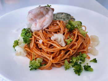 Close-up of noodles served in plate