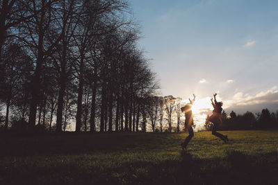 Silhouette female friends jumping on field against sky during sunset