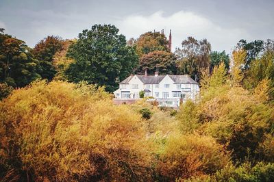 Trees and houses on field against sky