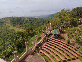 High angle view of trees and houses against sky