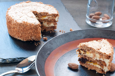 Close-up of cake in plate on table