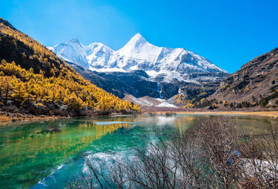 Scenic view of lake by snowcapped mountains against sky