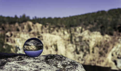 Close-up of crystal ball on rock against trees