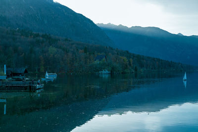 Scenic view of lake and mountains against sky