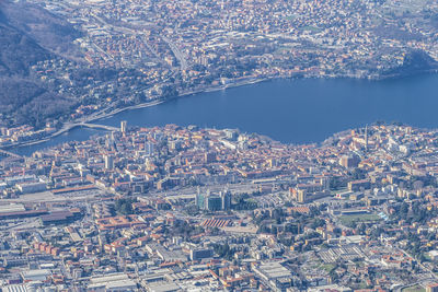 High angle view of illuminated buildings in city