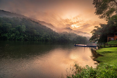 Scenic view of lake against sky during sunset