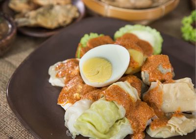 High angle view of food in plate on table