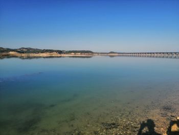 Scenic view of beach against clear blue sky