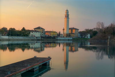 Reflection of buildings in lake against sky during sunset