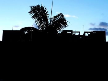 Low angle view of silhouette palm tree and building against sky