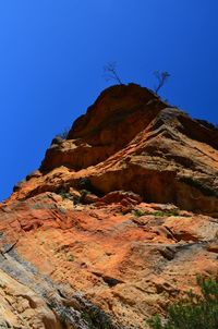 Low angle view of rock formation against clear blue sky