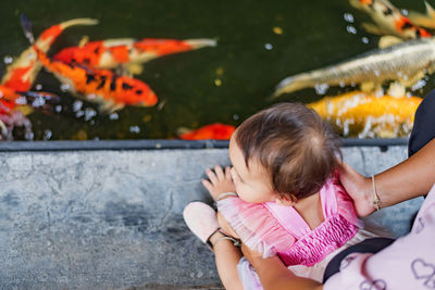 A little girl is happily watching the fish in the pond.