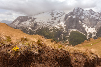 Scenic view of snowcapped mountains against sky