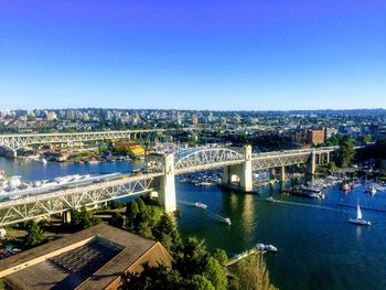 High angle view of bridge over river in city against clear blue sky