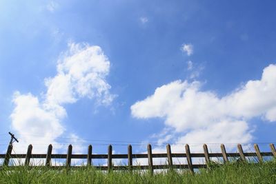 Low angle view of fence on field against sky