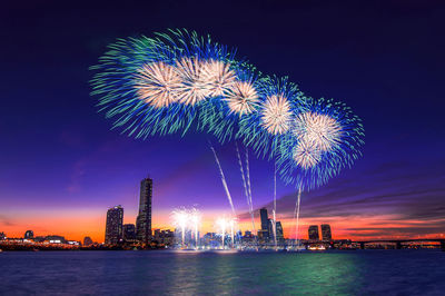 Low angle view of firework display over river in city