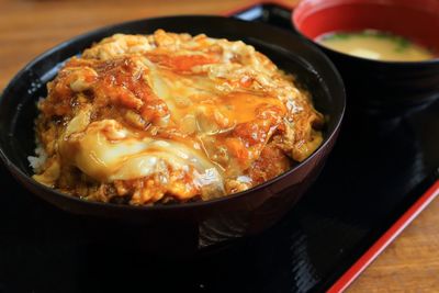 High angle view of noodles in bowl on table