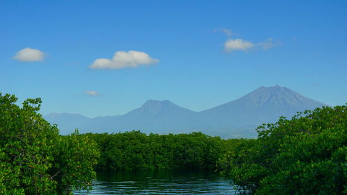 Scenic view of lake and mountains against sky