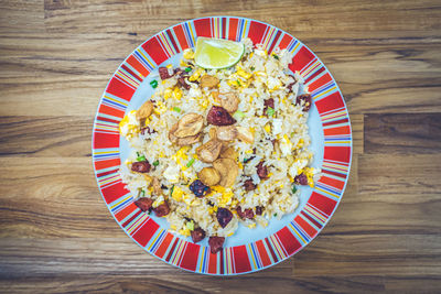 High angle view of breakfast on table