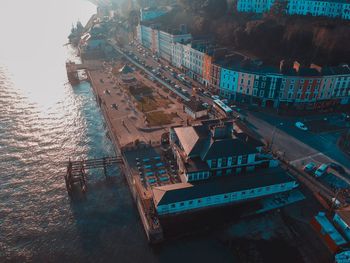 High angle view of city by sea