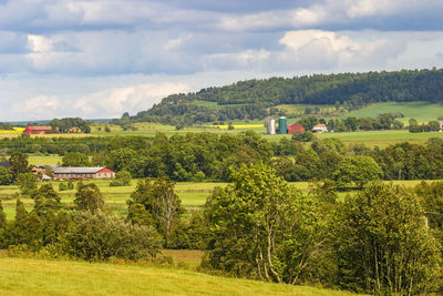 Countryside view with farms and fields in a beautiful landscape