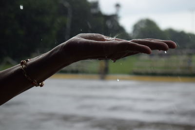 Close-up of hand under rain