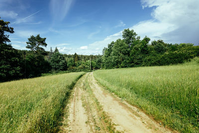 Dirt road amidst field against sky