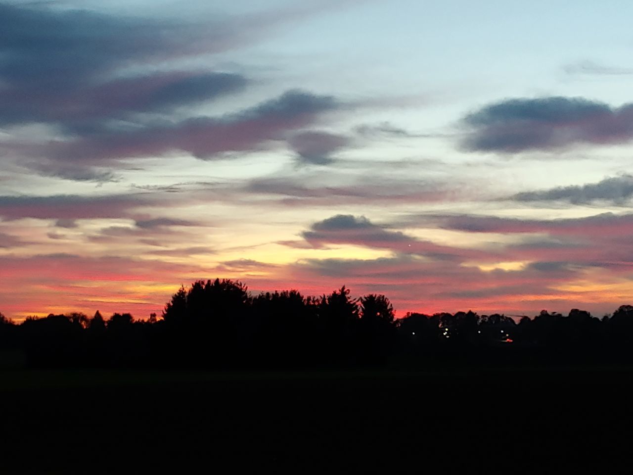 sky, sunset, beauty in nature, scenics - nature, cloud - sky, tranquil scene, tranquility, silhouette, tree, plant, landscape, environment, no people, idyllic, nature, non-urban scene, orange color, field, outdoors, land, romantic sky