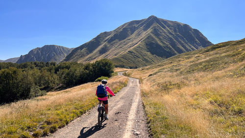 Rear view of man walking on mountain