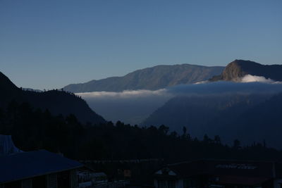 Scenic view of mountains against clear blue sky