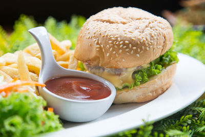 Close-up of burger in bowl on table