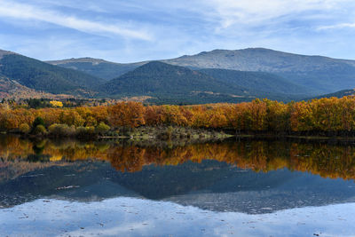 Scenic view of a lake reflection in autumn.