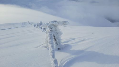 Snow covered landscape against sky