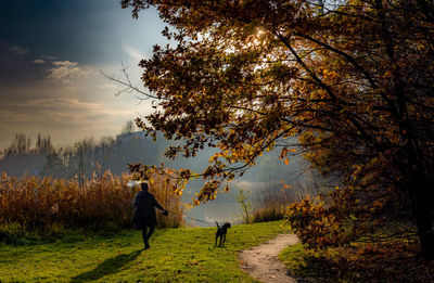 Rear view of people walking on road during autumn