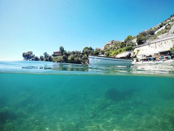 Scenic view of sea against clear blue sky