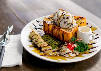 Close-up of dessert served in plate on table