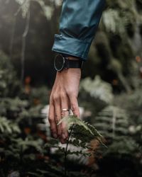 Midsection of man holding umbrella on land