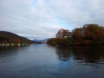 Scenic view of lake against cloudy sky